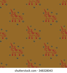 Seamless unicorn pattern with hearts and stars.
