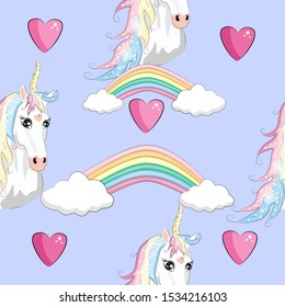 Seamless unicorn pattern. Magic background with cute unicorns, clouds and stars.