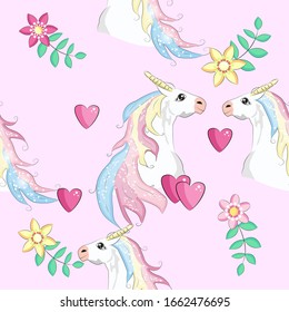 Seamless unicorn pattern. Magic background with cute unicorns, clouds and stars.