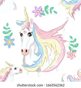 Seamless unicorn pattern. Magic background with cute unicorns, clouds and stars.