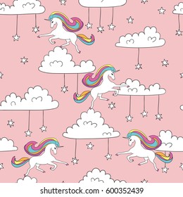 Seamless unicorn pattern. Magic vector background with cute unicorns, clouds and stars.