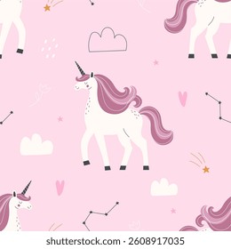 Seamless unicorn pattern on pink background. Vector illustration for printing. Cute baby background for girls