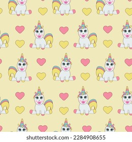 Seamless unicorn pattern on a yellow background. Children's background. Baby shower wallpaper.