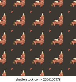 Seamless unicorn pattern. Pink fairy tale horse. Brown background. Valentine gift and wrapping paper. Love and happy birthday packaging. Kids textile design.