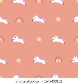 Seamless unicorn pattern with stars and rainbow for children. Flat style design vector