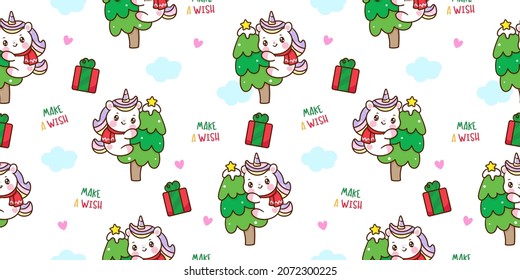 Seamless unicorn santa claus Christmas tree dress cartoon Xmas vector Kawaii character. Fairytale illustration: Series Happy new year girly doodle. Isolated on white background. Perfect make a wish.