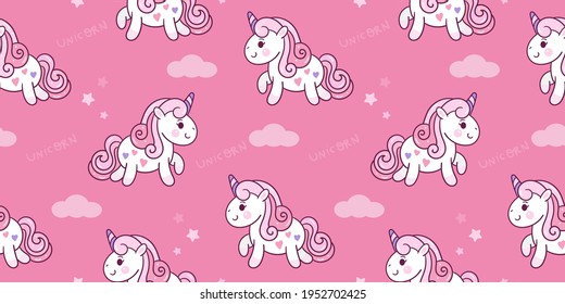 Seamless Unicorn vector cute pony cartoon with cloud kawaii animals pattern background: Series fairy tale characters horse (flat Girly doodles). Perfect Nursery children, kids, greeting card, baby.