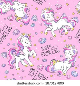 Seamless unicorns Art pattern on pink background. Fashion illustration print in modern style for clothes and fabrics.
