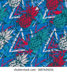 Seamless unique abstract geometry pattern with curved elements and pineapples
