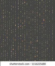 Seamless unique gold rain bokeh. Sparkling lines of shimmering lights. Glitter threads. Holiday garland lights or fashion strass drops for carnival, Christmas, New Year decoration. EPS 10 vector file