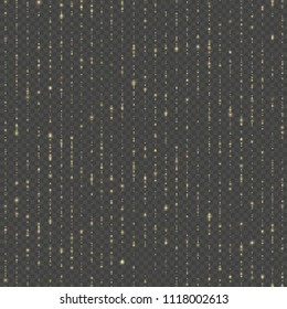 Seamless unique gold rain bokeh. Sparkling lines of shimmering lights. Glitter threads. Holiday garland lights or fashion strass drops for carnival, Christmas, New Year decoration. EPS 10 vector file
