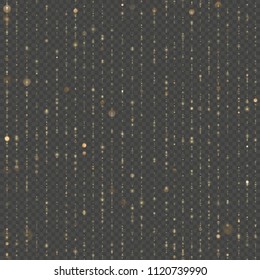 Seamless unique gold rain bokeh. Sparkling lines of shimmering lights. Glitter threads. Holiday garland lights or fashion strass drops for carnival, Christmas, New Year decoration. EPS 10 vector file