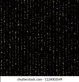 Seamless unique gold rain bokeh on black background. Glitter threads of curtain backdrop. Holiday garland lights or fashion strass drops for carnival, Christmas, New Year decoration. EPS 10