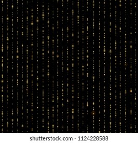 Seamless unique gold rain bokeh on black background. Glitter threads of curtain backdrop. Holiday garland lights or fashion strass drops for carnival, Christmas, New Year decoration. EPS 10