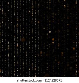 Seamless unique gold rain bokeh on black background. Glitter threads of curtain backdrop. Holiday garland lights or fashion strass drops for carnival, Christmas, New Year decoration. EPS 10