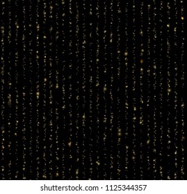 Seamless unique gold rain bokeh on black background. Glitter threads of curtain backdrop. Holiday garland lights or fashion strass drops for carnival, Christmas, New Year decoration. EPS 10