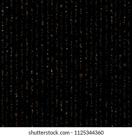 Seamless unique gold rain bokeh on black background. Glitter threads of curtain backdrop. Holiday garland lights or fashion strass drops for carnival, Christmas, New Year decoration. EPS 10