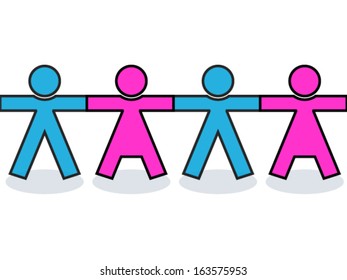 Seamless united men and women people icons or silhouettes in blue and pink, holding hands for strength
