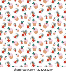 Seamless Universal Christmas Pattern with cake and gift items. Happy Holidays with New Year Decoration White background Vector illustration design.