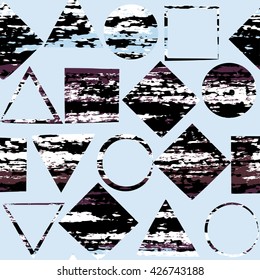 Seamless universal geometric modern pattern. Grunge texture. Squares, circles, triangles, diamonds.