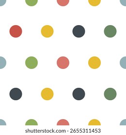Padrão universal contínuo em pontos de polca coloridos em um fundo branco. Disposição geometricamente regular de círculos em cores brilhantes, ilustração vetorial. Para tecido, papel, capas, teia, etc.