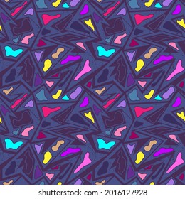 Seamless unusual abstract pattern with curved geometry elements and colorful shapes