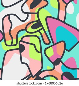 Seamless unusual backdrop with colorful patterns, abstract shapes.
