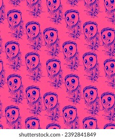 Seamless unusual pattern with cute characters with big eyes
