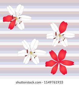 Seamless unusual striped pattern with lily flowers in vector. Conceptual print for fabric.