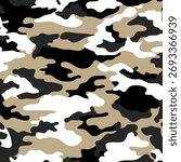 Seamless Urban Camouflage Pattern with Modern Colors: White, Black, Tan, and Grey Abstract Background Texture