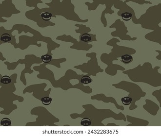 Patrón de camuflaje urbano sin fisuras. Impresión de camuflaje verde dibujado a mano repetida con calavera negra con siluetas de auriculares. Ropa textil patrón.