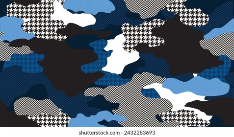 Seamless urban camouflage pattern. Repeating hand drawn blue and black camo vector print with patterned overlays. Apparel textile pattern.