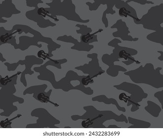 Seamless urban camouflage pattern. Repeating hand drawn vector gray camo print with black guitar silhouettes. Apparel textile pattern.