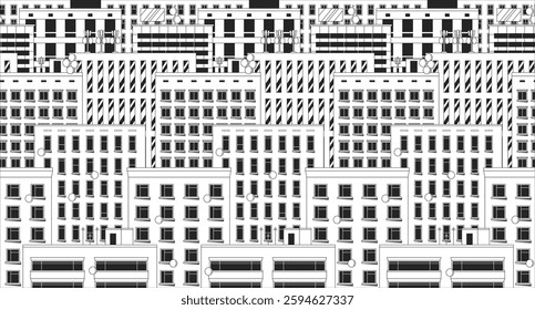 Seamless urban cityscape buildings lofi illustration outline. City life. Highrise apartments. Nostalgic residential metropolis 2D ink linear flat lo fi drawing. Vector line art aesthetic wallpaper