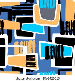  Seamless urban funky geometric pattern with acrylic blots and scratches.Textile ink brush strokes design in doodle grunge texture style