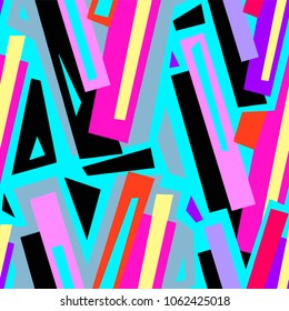  Seamless urban funky geometric pattern with acrylic blots and scratches.Textile ink brush strokes design in doodle grunge texture style