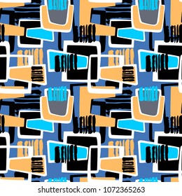  Seamless urban funky geometric pattern with acrylic blots and scratches.Textile ink brush strokes design in doodle grunge texture style