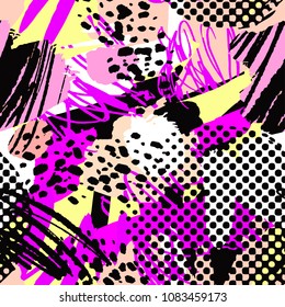  Seamless urban funky geometric pattern with acrylic blots and scratches.Textile ink brush strokes design in doodle grunge texture style