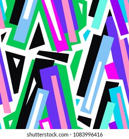  Seamless urban funky geometric pattern with acrylic blots and scratches.Textile ink brush strokes design in doodle grunge texture style