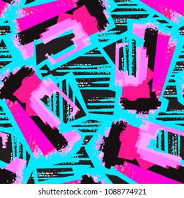 Seamless urban funky geometric pattern with acrylic blots and scratches.Textile ink brush strokes design in doodle grunge texture style