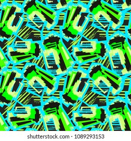 Seamless urban funky geometric pattern with acrylic blots and scratches.Textile ink brush strokes design in doodle grunge texture style