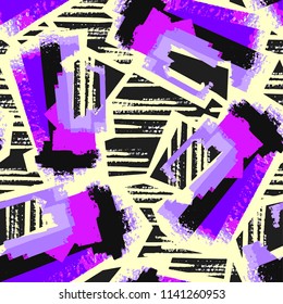 Seamless urban funky geometric pattern with acrylic blots and scratches.Textile ink brush strokes design in doodle grunge texture style