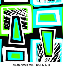 Seamless urban funky geometric pattern.Trendy print with acrylic blots and scratches.Textile ink brush strokes design in doodle grunge texture style