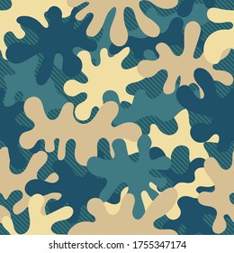 Seamless urban masking camouflage pattern. Colorful pixel blots background. Abstract fashionable camo. Beige, brown, light blue, green tones.
