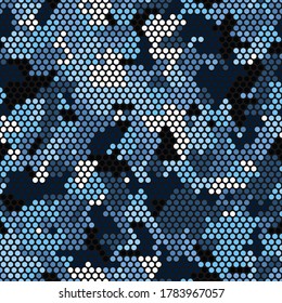 Seamless urban masking camouflage pattern. Colorful circle pixel blots background. Abstract fashionable camo. Dark, blue, light blue, white tones.