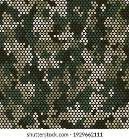 Seamless urban masking camouflage pattern. Colorful circle pixel blots background. Abstract fashionable camo. Beige, brown, tan green tones.