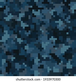 Seamless urban masking camouflage pattern. Colorful pixel blots background. Abstract fashionable camo. Denim blue, dark ocean water tones.