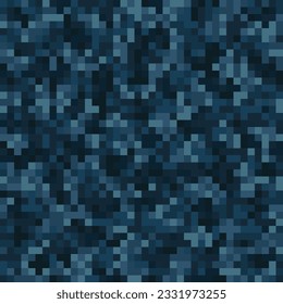 Seamless urban navy masking camouflage pattern. Colorful pixel blots background. Abstract fashionable camo. Indigo, denim blue, dark ocean water tones.