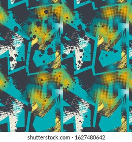 Seamless urban pattern with dots and curved elements.