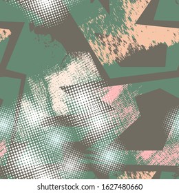 Seamless urban pattern with dots and curved elements.